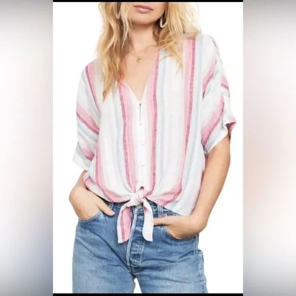 Rails Thea Tropic Stripe Multicolor Tie Front Top / Size L / Coastal Chic - Picture 2 of 13
